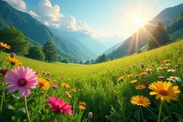 Obraz premium Serene valley with sunlit wildflowers and lush greenery in a peaceful atmosphere, serene, wildflowers, nature