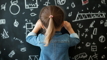 A young girl standing in front of a chalkboard filled with complex math equations and shapes, deep in thought or learning.
