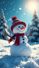 Fototapeta premium Happy snowman standing in a field of snowflakes under a bright sun, seasonal, snowman, cheerful