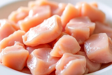 A close-up of delicately diced chicken breast, ready for a delicious culinary adventure, showcasing its fresh, pale pink hue and moist texture.