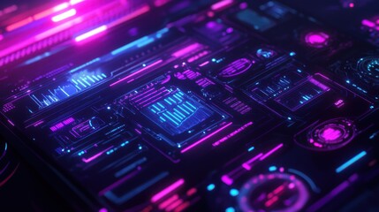 Fototapeta premium Futuristic Neon HUD Interface Cyberpunk Style Digital Dashboard Display with Glowing Lines and Graphs