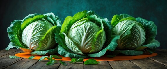 fresh organic cabbages on wooden cutting board illustration