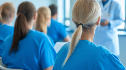 Fototapeta premium A group of healthcare professionals in blue scrubs attending a lecture or medical training session, with a doctor presenting in the background.