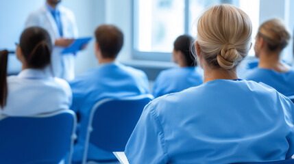 A group of healthcare professionals in blue scrubs attending a lecture or medical training session, with a doctor presenting in the background.