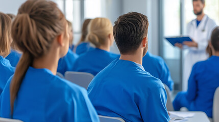 Fototapeta premium A group of healthcare professionals in blue scrubs attending a lecture or medical training session, with a doctor presenting in the background.