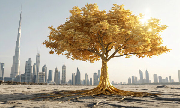The Light of data, a tree connecting earth, roots, and the city of the future