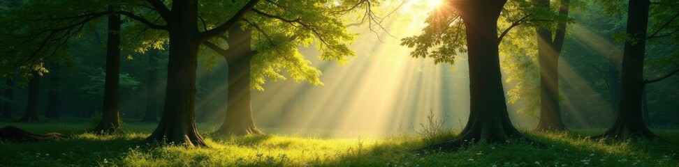 Obraz premium Panorama of a serene forest with sunbeams filtering through the trees, forest, sunlight, foliage