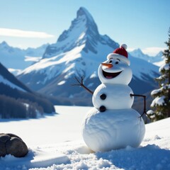 Obraz premium A happy snowman stands proudly amidst a breathtaking panoramic view of a snow-capped mountain peak and a frozen lake in the background, cold weather, isolated