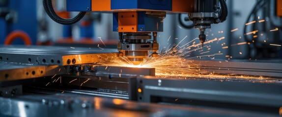 industrial metal cutting machine with sparks in factory setting