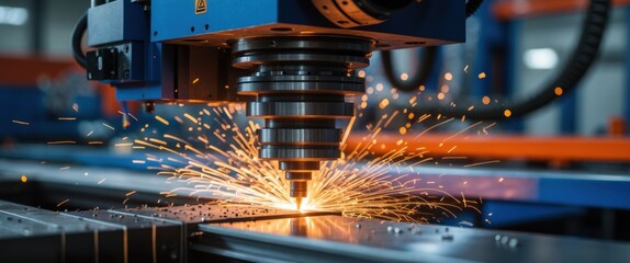 dynamic metal cutting machine sparks in industrial factory