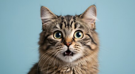 Obraz premium Cat Face Close up, Surprised, shocked cat face isolated on a pastel color background with copy space