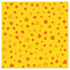 Bright yellow seamless pattern with smiley faces, hearts, stars, and flowers. Great for gift wrap, party decor, kids’ crafts, or joyful retro-inspired projects.