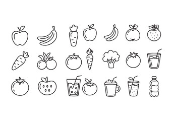 Line art fruit and vegetable icons, drinks, healthy food illustrations