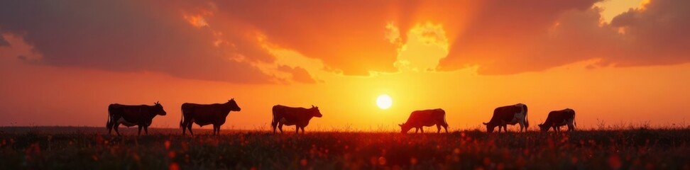 Silhouette of cows grazing in a field at sunset , field, countryside