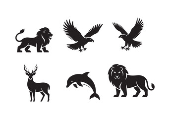 Silhouettes of wild animals, lion, eagle, deer, dolphin, and wildlife icons