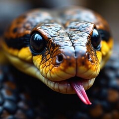 Fototapeta premium Snake's close-up face with piercing eyes and forked tongue, snake face, wildlife, blue viper