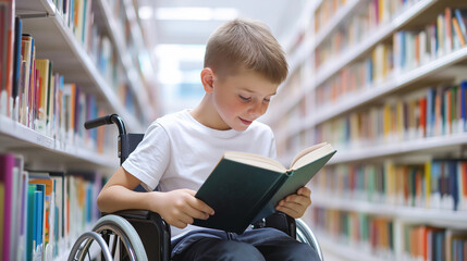A young boy in a wheelchair reading a book in a library, smiling and enjoying the experience.