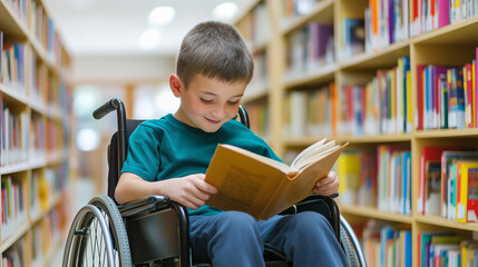 A young boy in a wheelchair reading a book in a library, smiling and enjoying the experience.