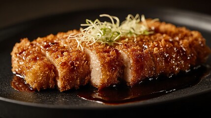 Delicious Crispy Tonkatsu Cutlet on Plate with Sauce and Garnish