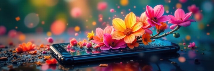 Colorful flowers spin rapidly on a smartphone display, vibrant hues dance in motion, spinning, mobile