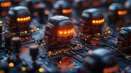 Futuristic robot heads with glowing lights on circuit board surface