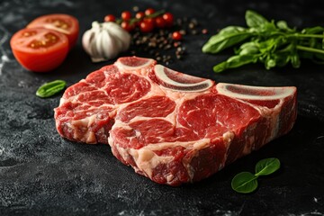 Fototapeta premium 新鮮な肉と野菜を使った料理の準備風景、雑貨テーブルの上に広がる美味しい食材