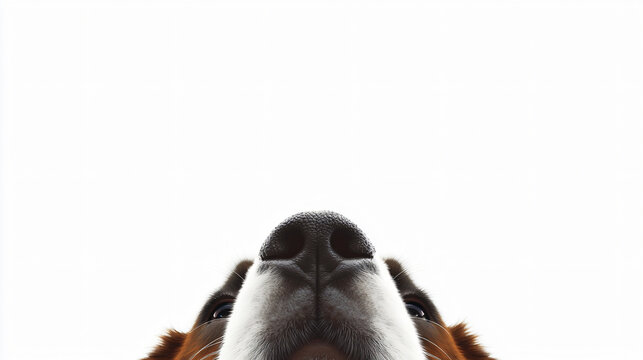 Saint Bernard senior dog wide angle portrait closeup resting head on floor white background sleepy expression large breed pet gentle fur snout nose eyes ears studio relaxed calm loyal animal pose