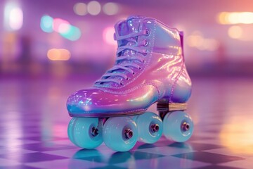 A iridescent purple roller skate with teal wheels sits on a checkered floor under vibrant lighting.