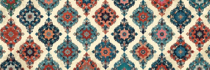 Naklejka premium Damask pattern with floral motifs, intricate geometric designs and muted color palette, damask, interior design