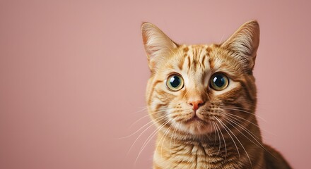 Fototapeta premium Cat Face Close up, Surprised, shocked cat face isolated on a pastel color background with copy space