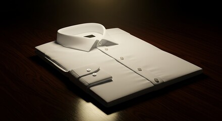 Folded White Dress Shirt on a Dark Wood Surface for Clothing Stores