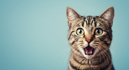 Obraz premium Cat Face Close up, Surprised, shocked cat face isolated on a pastel color background with copy space