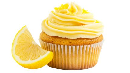 Lemon cupcake with frosting and citrus slice, cut out transparent