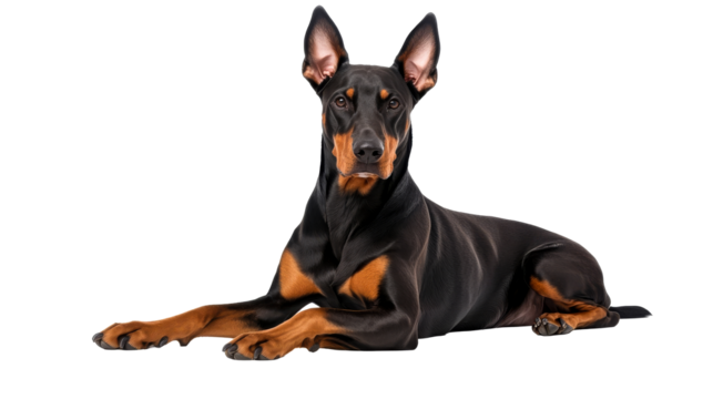 Doberman pinscher lying down, isolated, looking straight ahead, cut out transparent