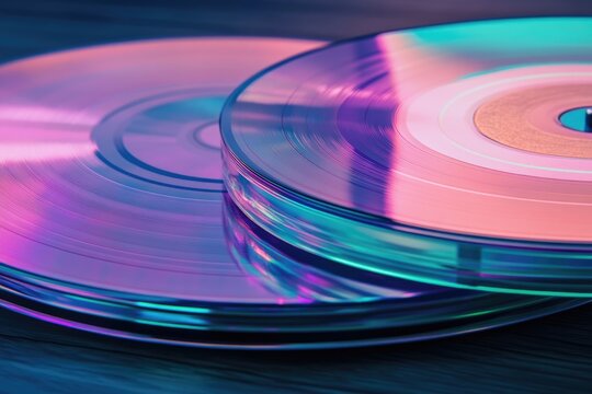 Close-up of iridescent vinyl records, showcasing vibrant colors and swirling grooves.