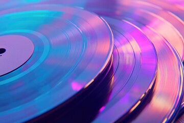 Close-up of vibrant iridescent vinyl records stacked, showcasing colorful grooves and reflective surfaces.
