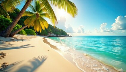 Obraz premium Wavy turquoise ocean water on a sandy beach with swaying palm trees under a warm golden light , film distortion, sandy beach, ocean