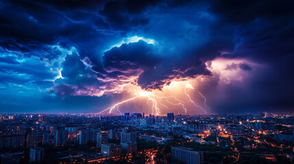 Fototapeta premium dramatic thunderstorm with lightning bolts illuminates cityscape at night