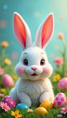 Whimsical Easter bunny ears amidst colorful flowers and scattered eggs, easter bunny, pastel colors