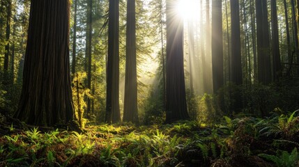 Obraz premium Majestic Sunlight Filtering Through Dense Redwood Forest in Tranquil Morning