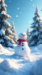 Obraz premium Winter landscape with a snowman in the center, surrounded by evergreen trees and a clear blue sky, winter landscape, snowy forest