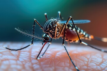 Close-up of a mosquito feeding on human skin, highlighting its detailed features and vivid colors.