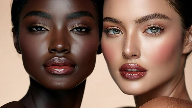 Diverse supermodels showcase radiant skin and bold makeup in an empowering cosmetics campaign celebrating beauty inclusivity.