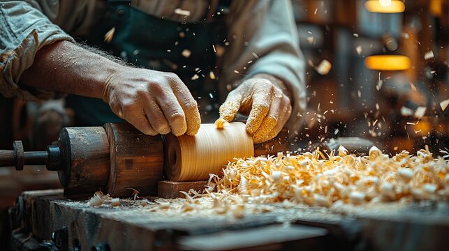 A woodworker is carefully shaping wood on a lathe - Powered by Adobe