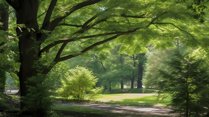 Fototapeta premium Sun dappled path through a lush green forest canopy