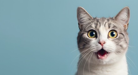 Obraz premium Cat Face Close up, Surprised, shocked cat face isolated on a pastel color background with copy space