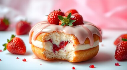 Vibrant Strawberry Cheesecake Donut on white background creamy cheesecake filling topped with strawberry glaze and fresh strawberries mystic enchanting environment gentle color contrasts dreamlike 