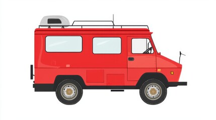 Red Retro Camper Van Illustration with Roof Rack on White Background
