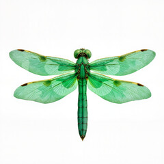 Green dragonfly displaying wings against a white background  