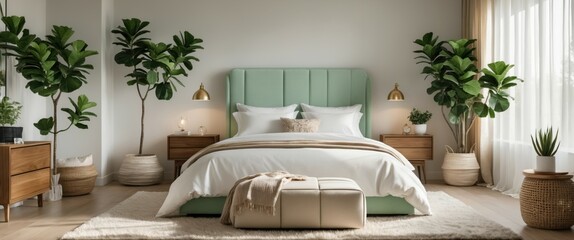 contemporary bedroom with green headboard and white blanket